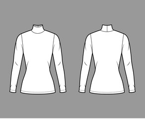 Turtleneck jersey sweater technical fashion illustration with long sleeves, close-fitting shape tunic length. Flat outwear apparel template front back white color. Women men unisex shirt top mockup