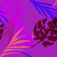 Obraz na płótnie Canvas Palm, Banana Leaves Vector Seamless Pattern, Blue Pink Purple Indigo Floral Textile. Adventure 