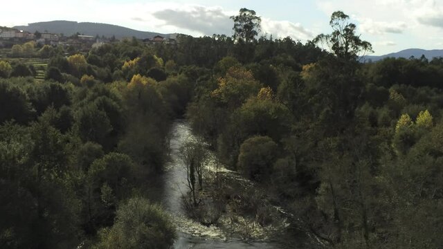 River in Mondariz. Galicia,Spain. Aerial Drone Footage