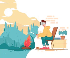 camping use virtual reality in home illustration