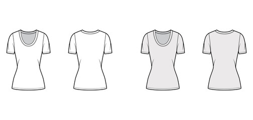 Scoop neck jersey t-shirt technical fashion illustration with short sleeves, close-fitting shape tunic length. Flat apparel template front, back white grey color. Women, men, unisex outfit top mockup