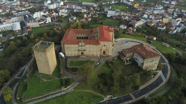 Castle and Parador in Monforte de Lemos. Galicia,Spain. Aerial Drone Footage