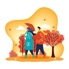 young couple wearing medical masks in autumn season scene