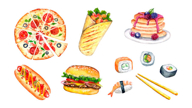watercolor food illustration pizza burger shawarma hot-dog pattern sushi pancakes