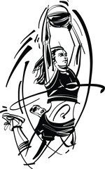 vector illustration of a basketball player woman in black and white
