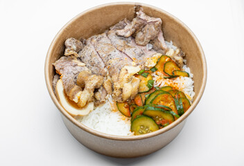 Closed up of take away rice box, lunch box in hard paper bowl on white background