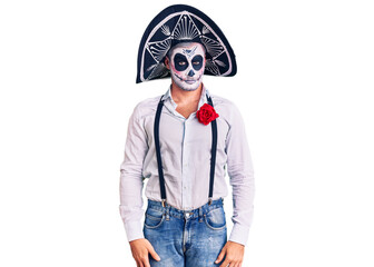 Man wearing day of the dead costume over background skeptic and nervous, frowning upset because of problem. negative person.