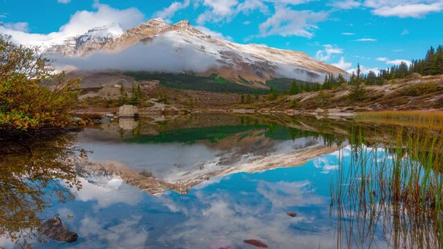 Lake Reflection of Massive Mountain Snow Covered Peak In Banff Mt K2 Time Lapse 4K