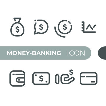 Black Monoline Color Icon Symbol Compilation Of Money And Banking Line Art Vector