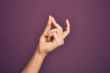 Hand of caucasian young man showing fingers over isolated purple background snapping fingers for success, easy and click symbol gesture with hand