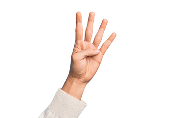 Naklejka premium Hand of caucasian young man showing fingers over isolated white background counting number 4 showing four fingers