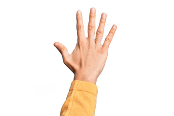 Fototapeta premium Hand of caucasian young man showing fingers over isolated white background counting number 5 showing five fingers