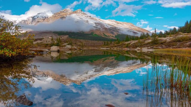 Lake Reflection of Massive Mountain Snow Covered Peak In Banff Mt K2 PAN IN Time Lapse 4K