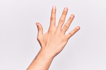 Obraz na płótnie Canvas Close up of hand of young caucasian man over isolated background counting number 5 showing five fingers