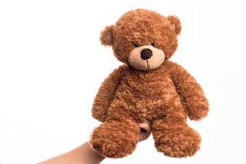 Obraz premium Hand of caucasian young man holding cute brown teddy bear doll over isolated white background
