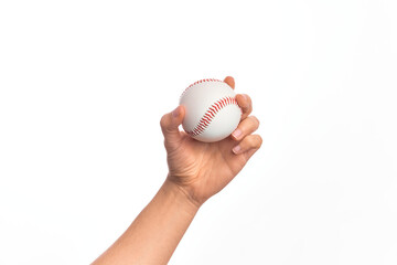 Hand of caucasian young man holding baseball ball over isolated white background