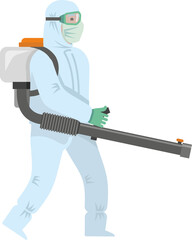 A disinfector in a protective suit, in a mask with disinfection equipment, sprays a disinfectant. Fight against viruses, parasites, insects. Disinfection. Flat infographics. Vector illustration