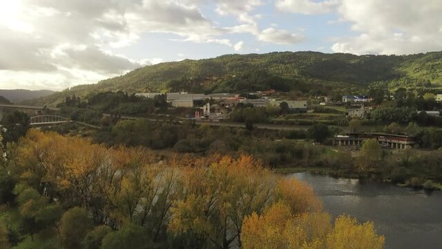 Ourense, river in thermal baths area. Hot Springs in Galicia,Spain. Aerial Drone Footage