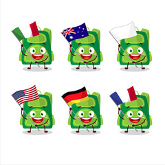 Fototapeta na wymiar Green school bag cartoon character bring the flags of various countries