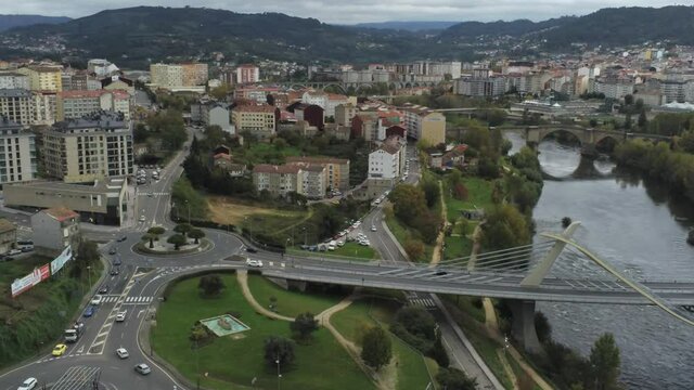 Bridge over Mino River in Ourense. Galicia,Spain. Aerial Drone Footage