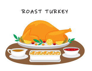 Illustration vector flat cartoon of food on table on white background. Roast turkey chicken and gravy, stuffing, cranberry sauce in sauce boat