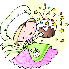Vector illustration cartoon baker girl holding a big cup cake