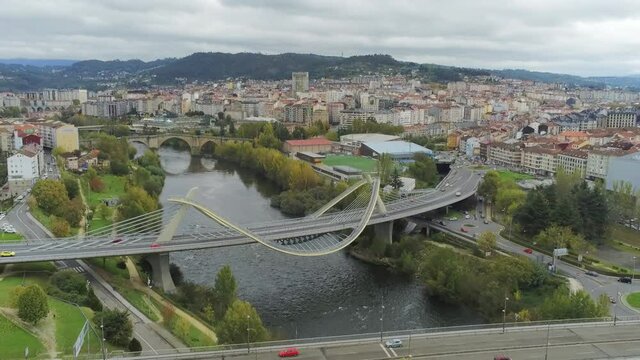 Bridge over Mino River in Ourense. Galicia,Spain. Aerial Drone Footage