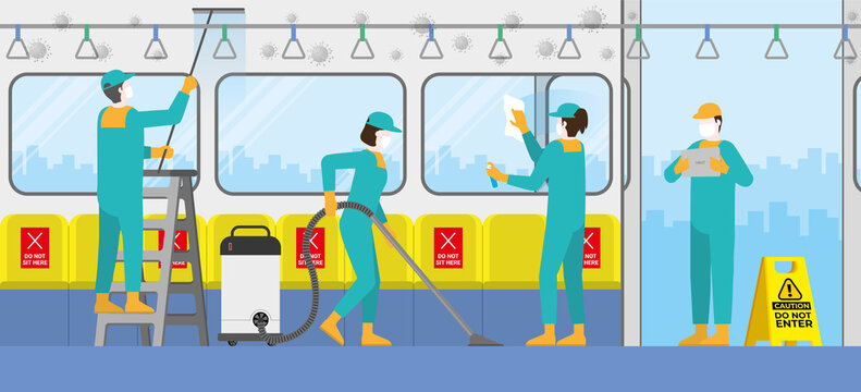 Cleaning concept. Preparing for re-open business. The cleaner team in public transportation. Clean and check inspector service.