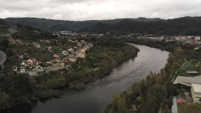 Ourense, river in thermal baths area. Hot Springs in Galicia,Spain. Aerial Drone Footage