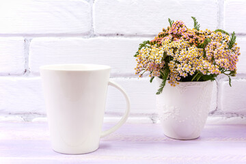 White coffee latte mug mockup with pink yarrow