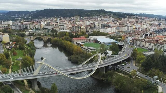 Bridge over Mino River in Ourense. Galicia,Spain. Aerial Drone Footage