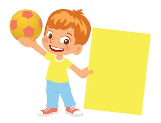boy holds soccer ball and banner