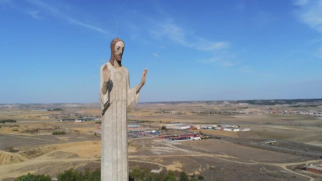 Statue Of The Christ Of The Otero In Palencia, Spain. Aerial Drone Footage