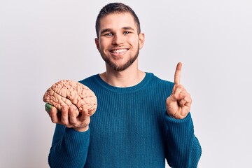 Young handsome man holding brain smiling with an idea or question pointing finger with happy face,...