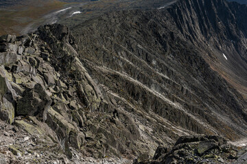Large boulders of rock, in a national park in the Polar Urals, Russia. Hiking concept.