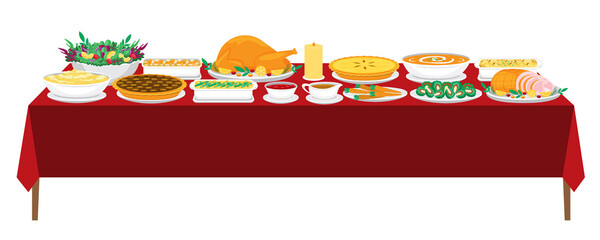 Illustration vector flat cartoon of food on happy Thanksgiving menu on dinner table as feast concept. Isolated of Roasted Turkey with gravy cranberry sauce and stuffing,Avocado Salad, pumpkin pie,soup