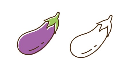 Fresh eggplant colorful and monochrome set vector flat illustration. Farm vegetarian dietary raw food icon isolated on white background. Cute tasty edible plant in line art style