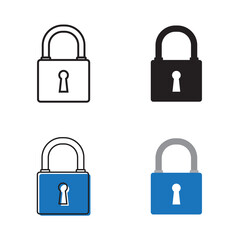 Simple close lock icon on white background 4 types such as outline, black, color, outline and color. Vector illustration.