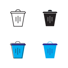 Simple trash bin icon on white background 4 types such as outline, black, color, outline and color. Vector illustration.