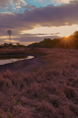 atardecer con el sol atrás de un molino ubicado al costado de una laguna de campo 
