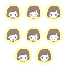 少女　表情アイコン　丸枠　セット