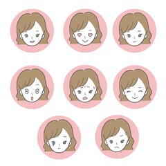 若い女性　表情アイコン　丸枠　セット