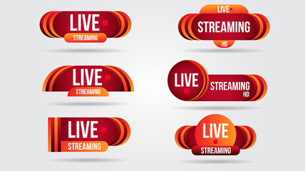 Set of live video streaming icons logo tv news banner interface.Red symbols lower third template broadcast.Red set of media labels on transparent background.