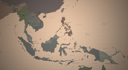 southeast asia countries map.  3d rendering of vintage continental world map © Tuna salmon