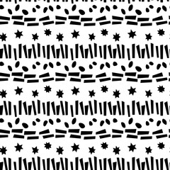 Seamless pattern of simple vector bright elements stars points rounds stripes lines and rectangles. Abstract background and texture for cover, wrapping paper, birthday, fabric, textile, web
