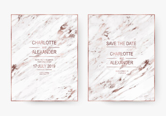 Minimalist marble wedding design invitation cards with rose gold foil texture.