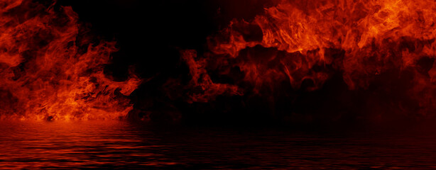 Panoramic view fire on isolated background. Perfect explosion effect for decoration and covering on black background. Concept burn flame and light texture overlays. Reflection on water.