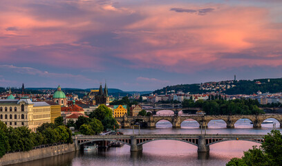 Panorama of Prague, the capital of the Czech Republic in the light of the setting sun
