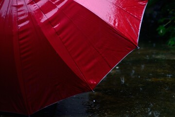 Red umbrella prevent rain and wind hazard with health care concept.