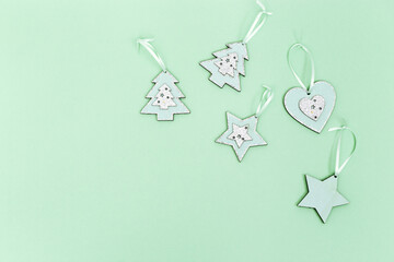 Christmas holidays background with copy space. Flat lay style, New Year decor.  Minimal greeting card.